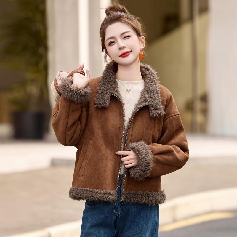 毛一体羊羔毛加厚ZZI570R外套女气短款冬新款仿洋鹿皮皮绒机车服