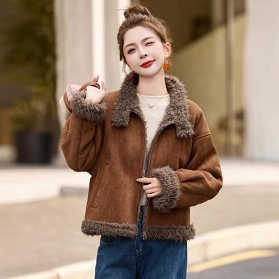 毛一体羊羔毛加厚ZZI570R外套女气短款冬新款仿洋鹿皮皮绒机车服