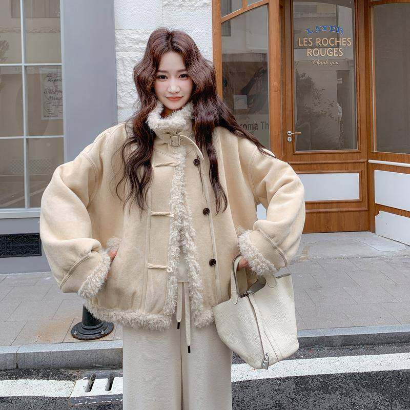 米白仿一体羊c17-65羔毛外套冬新毛款小个子短色款加厚超好皮看棉