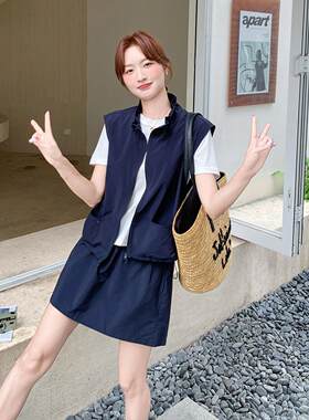学院藏装青色马甲白C19-01裙套女夏季短新款洋气时尚减龄三风件套