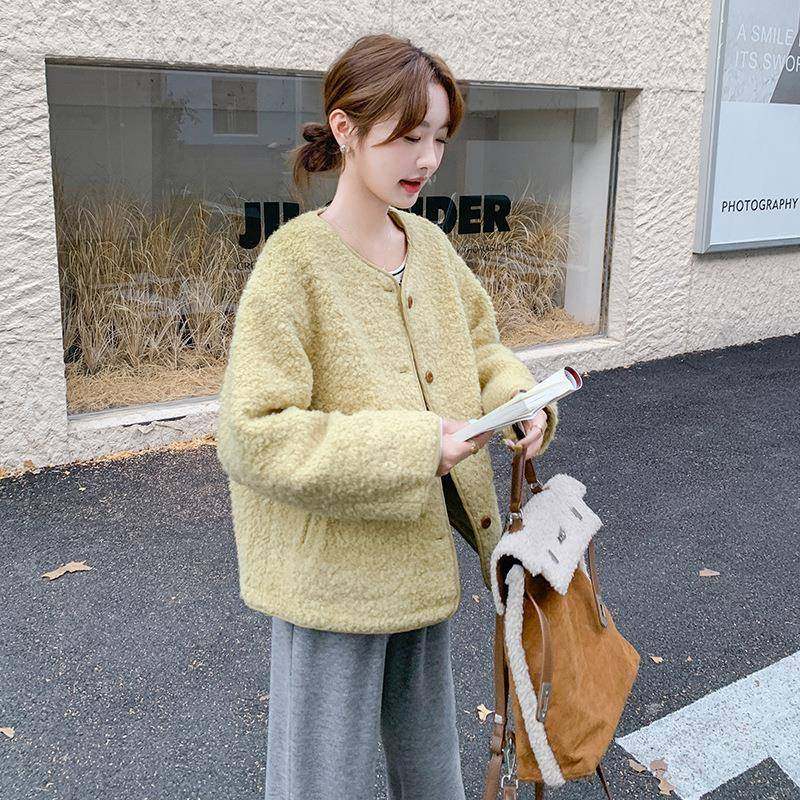 黄羊色减龄短款外套女秋C170-800冬新款韩系宽松气质百搭夹羔毛克