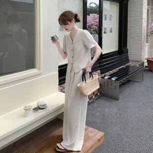 白色米轻熟约风短袖西装简套装女新夏日高腰阔款腿裤两D068-60件