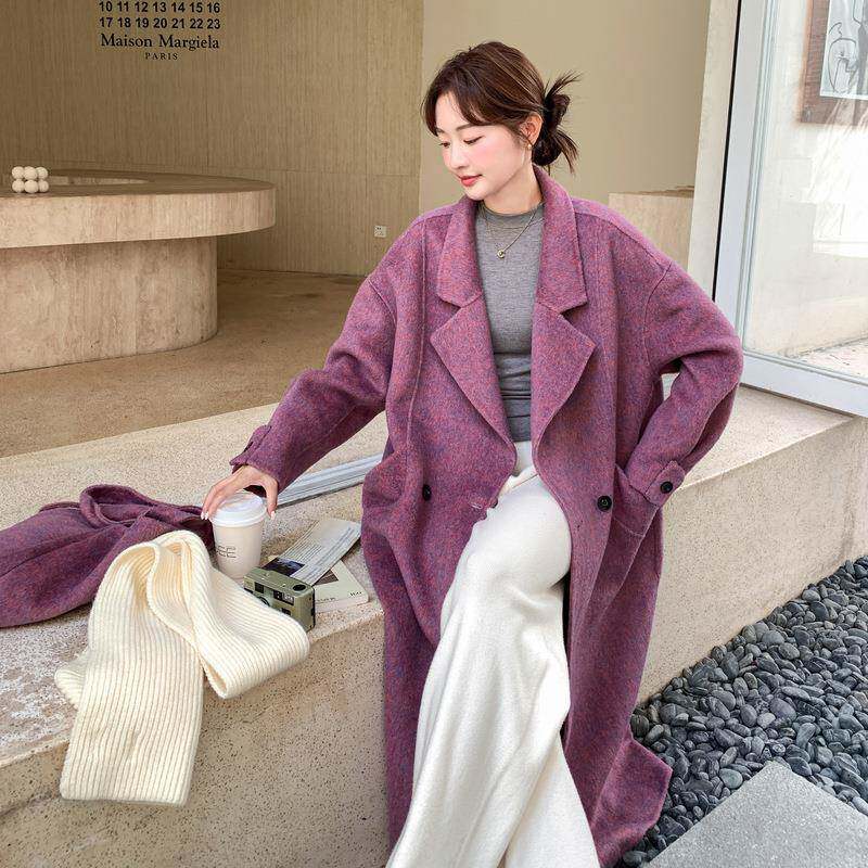 色C095-916高大级感双面羊绒衣女紫长款冬呢季新款韩系气质羊毛外