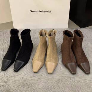 香港低跟绒面小踝靴马丁靴女鞋2025新款夏季棕色瘦瘦靴小短靴子