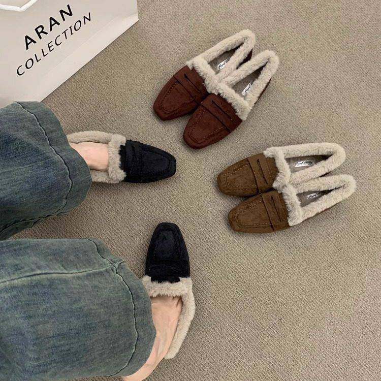 香港平底懒人一脚蹬加绒乐福鞋女秋冬季外穿毛绒豆豆鞋保暖棉瓢鞋,女鞋,乐福鞋（豆豆鞋）,淘宝优惠券,粉丝福利购,淘宝优惠卷
