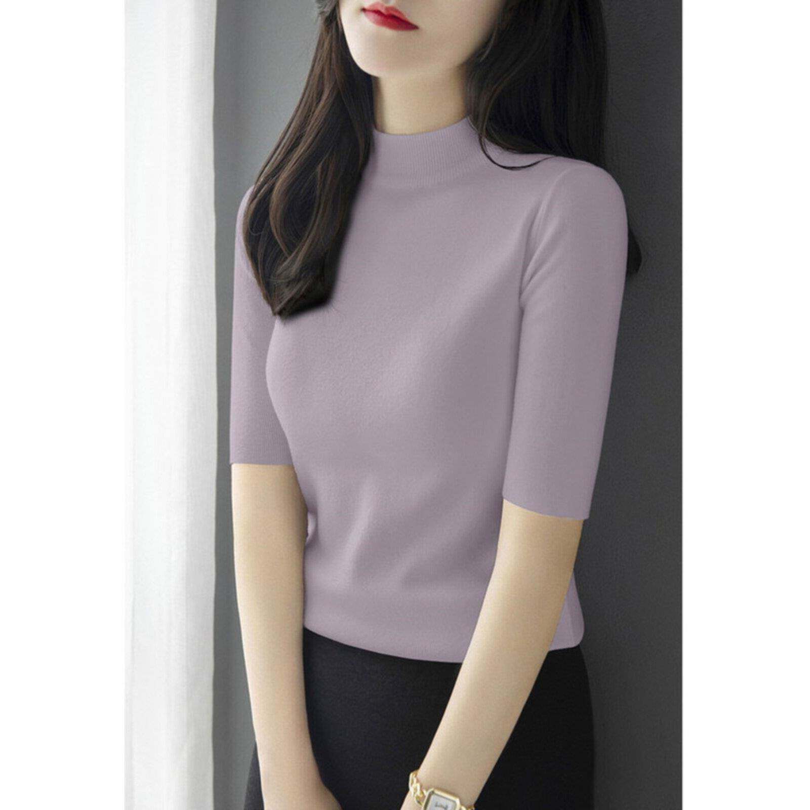 高级感半高领五分袖毛衣打底衫女2025春秋季新款内搭修身显瘦上衣