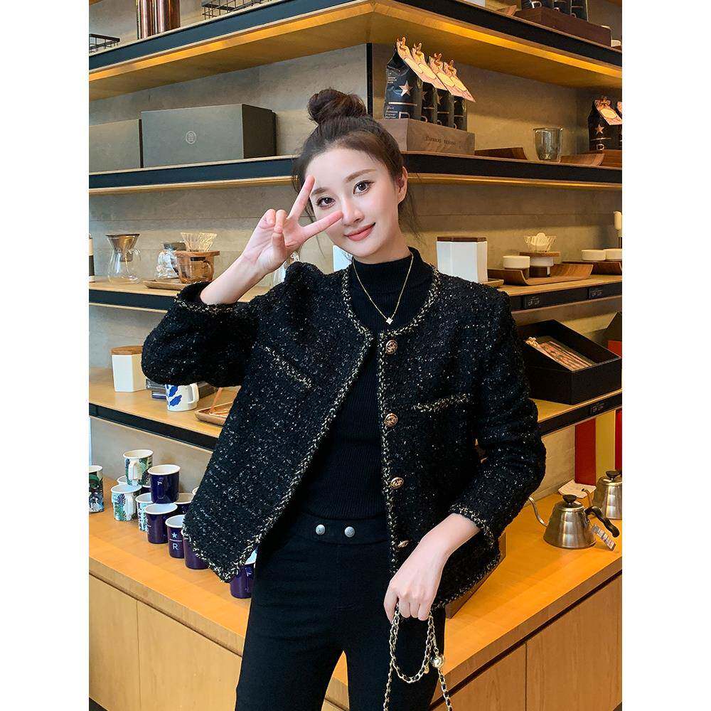 法国Rouje Dsyle黑色小香风外套女春秋亮丝短款高级感羽绒服上衣