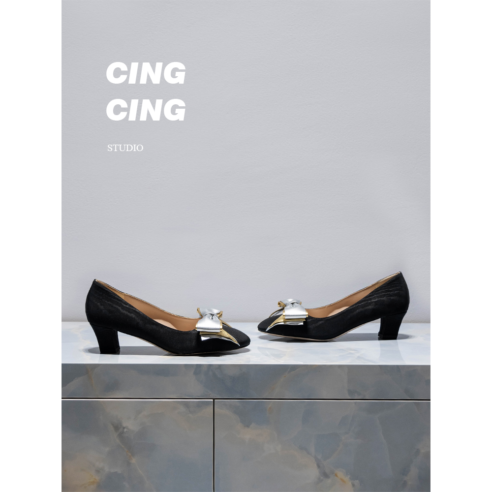 CING`CING 闭眼入~高级感 25ss法式蝴蝶结中跟浅口高跟鞋单鞋女