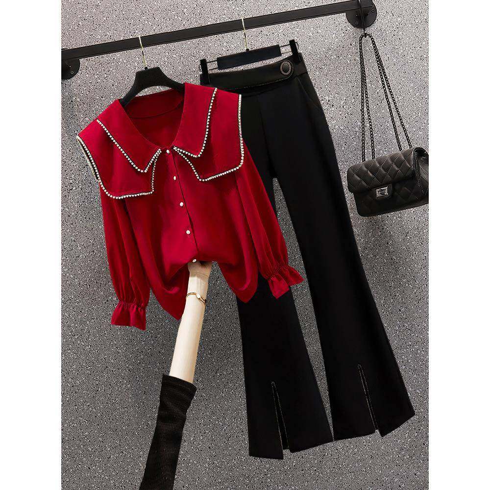 Ocnltiy轻奢女装春秋新款洋派漂亮小衫遮肚娃娃领衬衫显瘦套装女