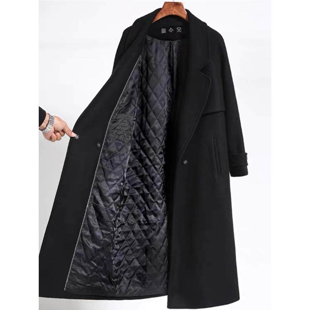 韩国黑色毛呢外套女秋冬新款宽松加棉加厚系带羊绒中长款西装大衣