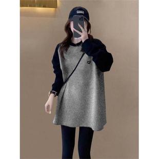 韩系新款撞色磨毛长袖t恤女中长款宽松灰色上衣加厚打底衫春秋季