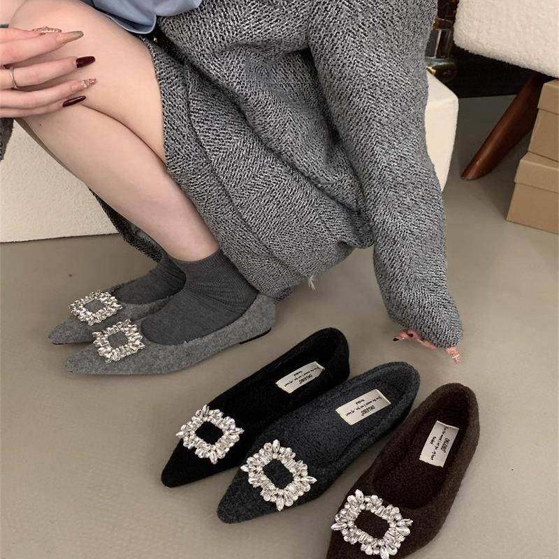 潮牌高级灰色毛毡水钻方扣尖头毛毛鞋女2025秋冬新款平底加绒单鞋