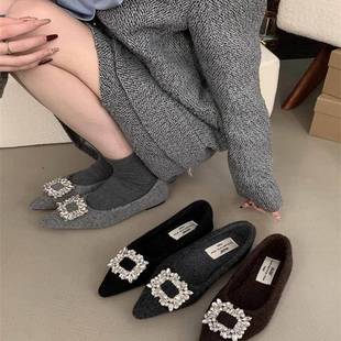 潮牌高级灰色毛毡水钻方扣尖头毛毛鞋女2025秋冬新款平底加绒单鞋