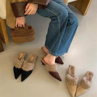 香港毛毛拖鞋女外穿一脚蹬穆勒皮鞋2025冬季新款兔毛高级感高跟鞋