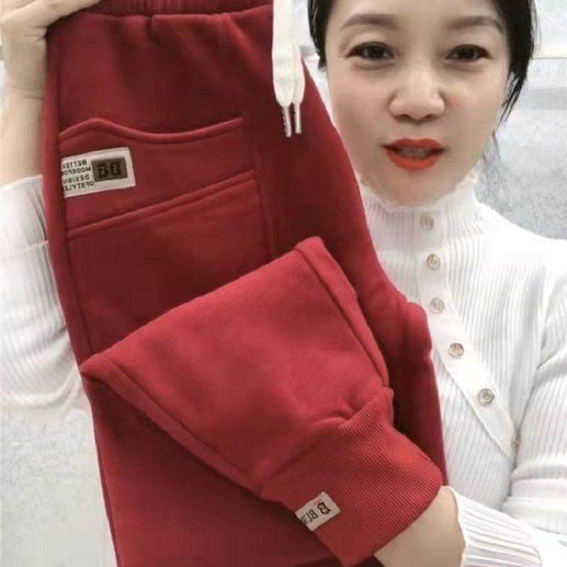 潮牌2025秋冬季纯棉加绒加厚休闲卫裤女哈伦裤宽松百搭束脚运动裤