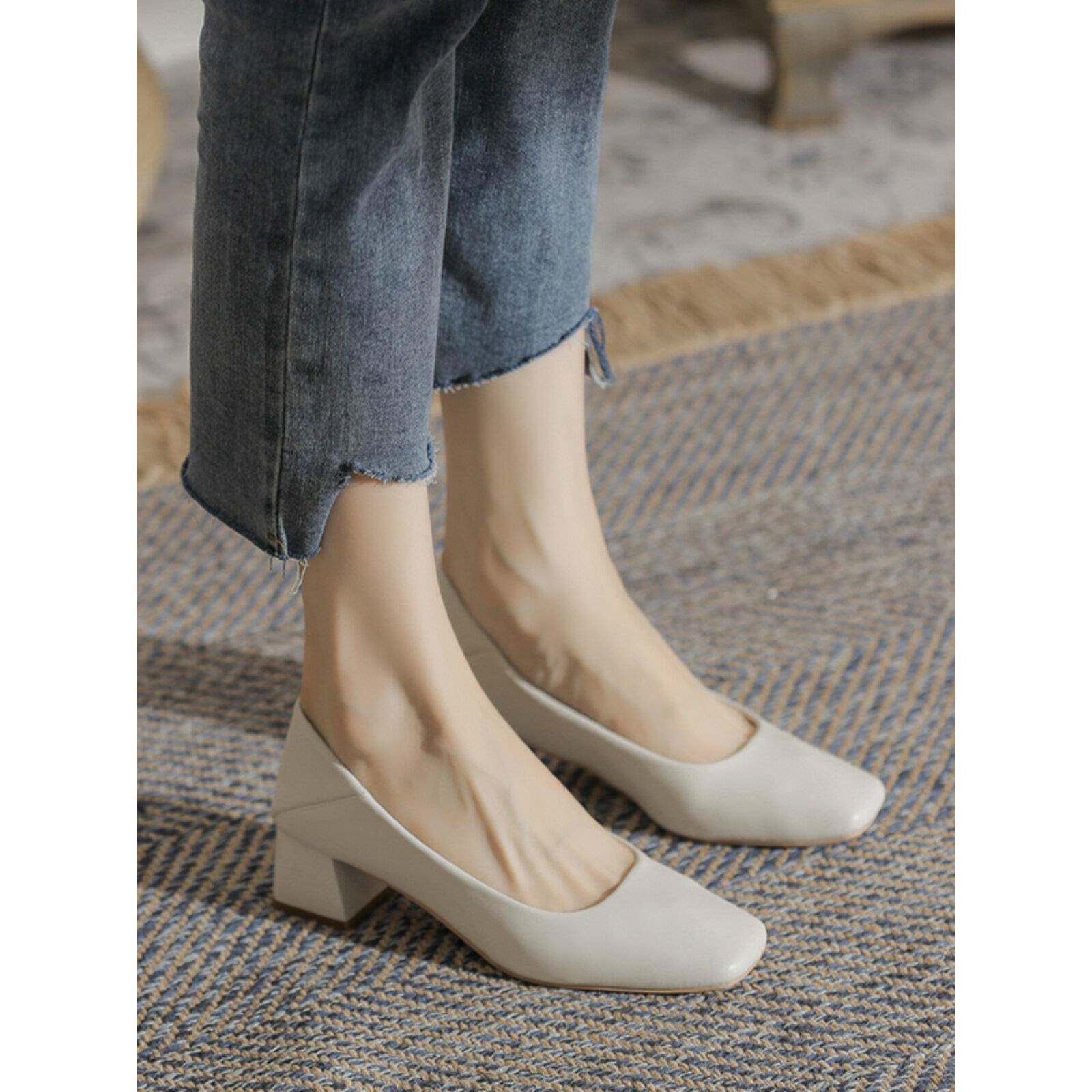 港风轻奢新款~方头粗跟真皮高跟鞋女春秋不累脚中跟浅口职业单鞋