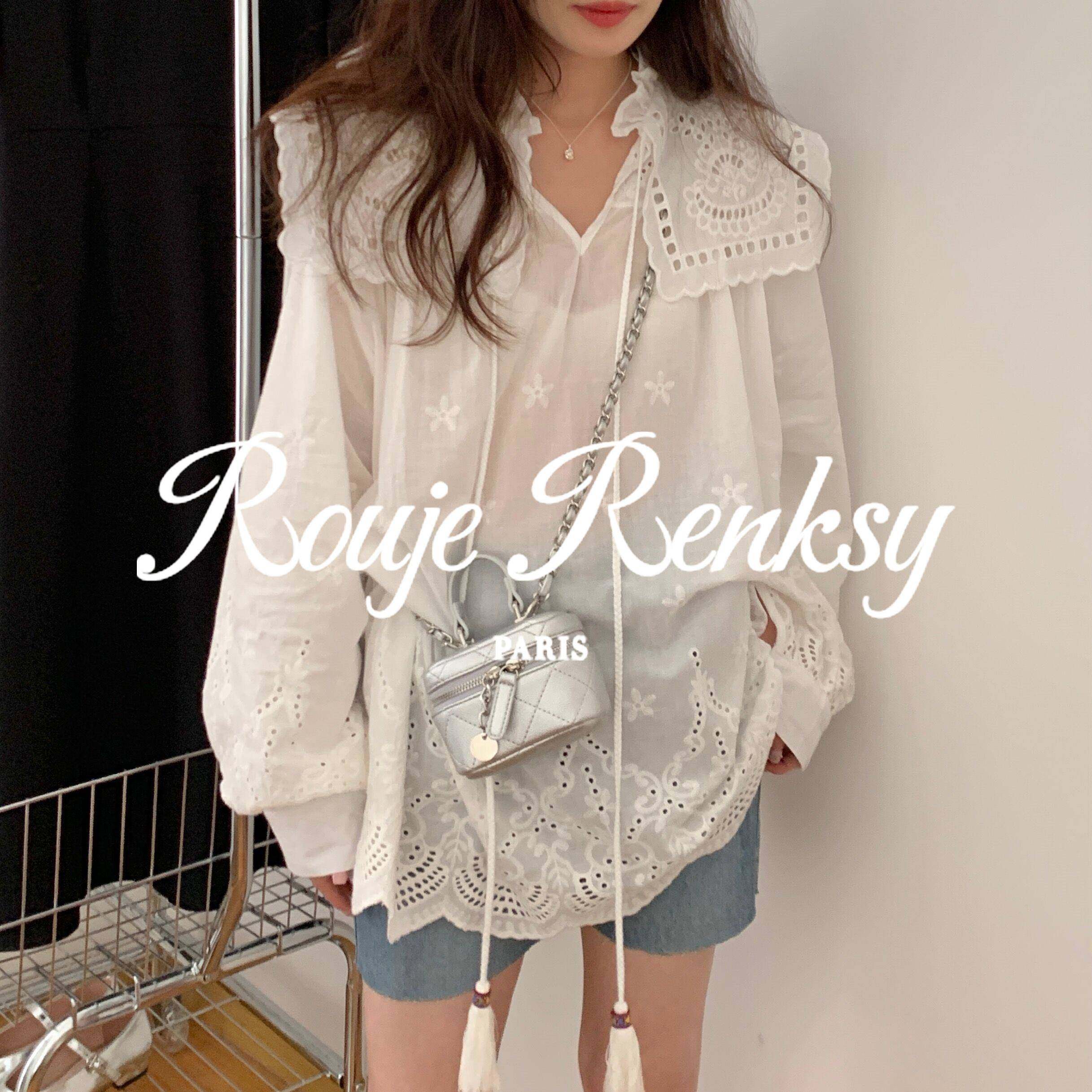 法国Rouje Renksy法式设计感娃娃领镂空刺绣白色衬衫女简约百搭,女装/女士精品,大码内搭,淘宝优惠券,粉丝福利购,淘宝优惠卷