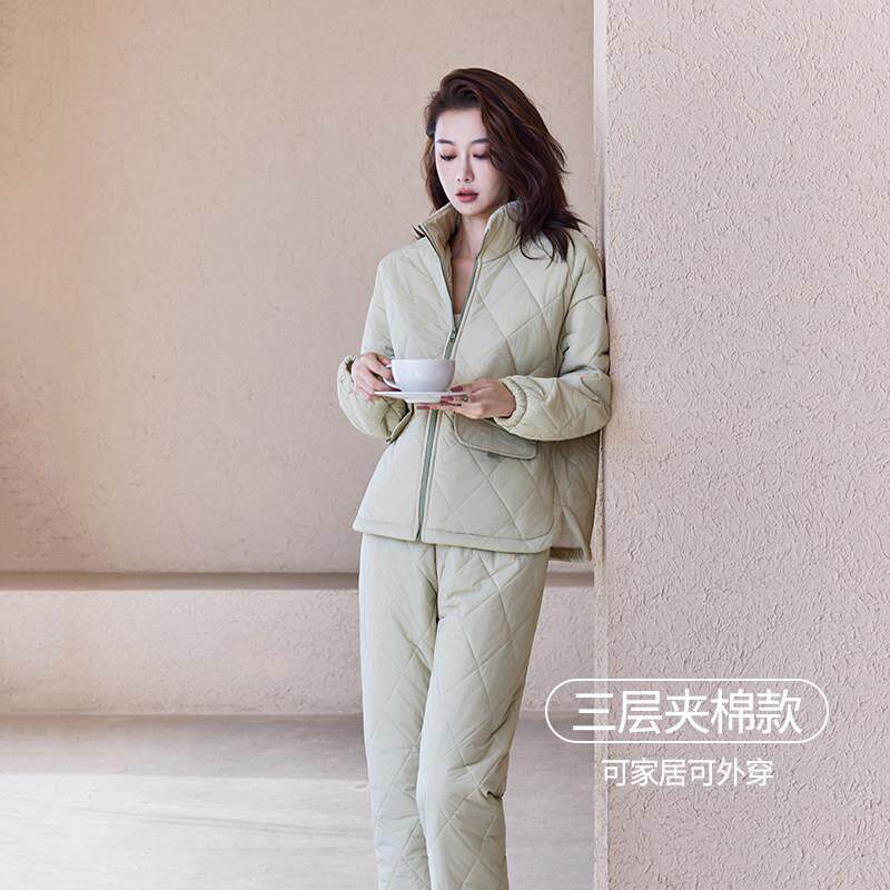 高档轻奢睡衣女秋冬季三层夹棉加厚保暖休闲冬天可外穿家居服套装