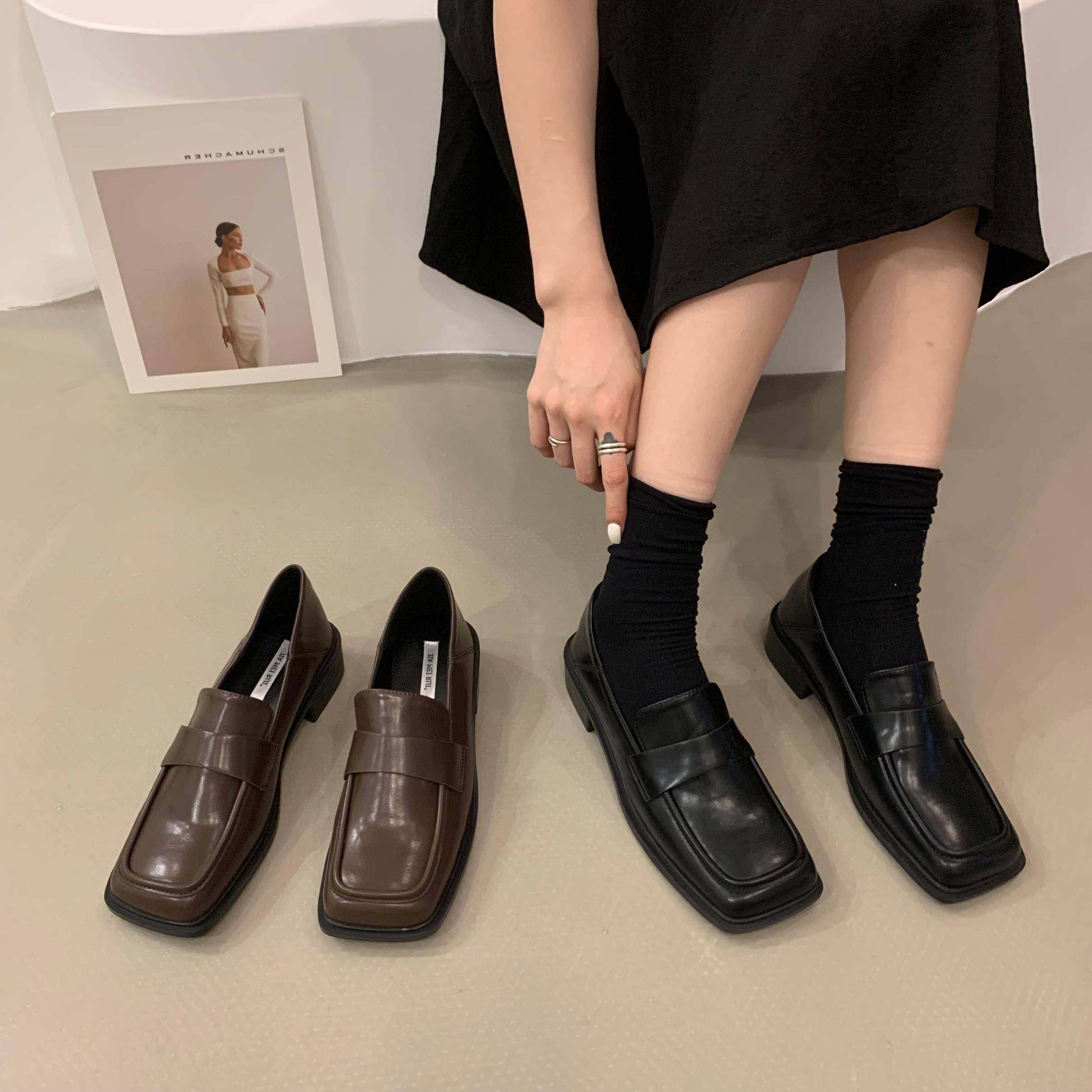 香港粗跟英伦风小皮鞋女鞋子2025年新款春季黑色方头乐福法式单鞋,女鞋,浅口单鞋,淘宝优惠券,粉丝福利购,淘宝优惠卷