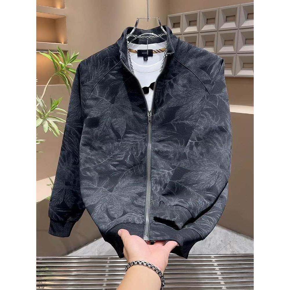 Mostarsea~痞帅高级感宽松开衫上衣男潮牌老钱风树叶印花立领外套