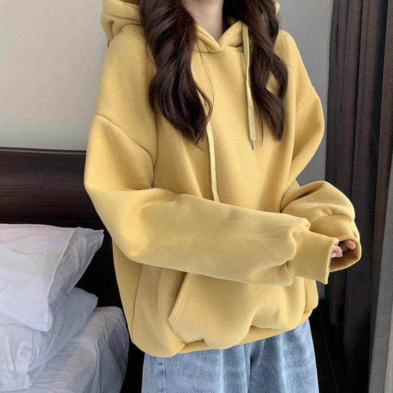 黄色连帽卫衣女2025年秋冬季加绒加厚新款韩版宽松慵懒风上衣外套