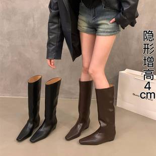 香港内增高尖头棕色美拉德中筒骑行靴女鞋2025新款夏季长筒长靴子