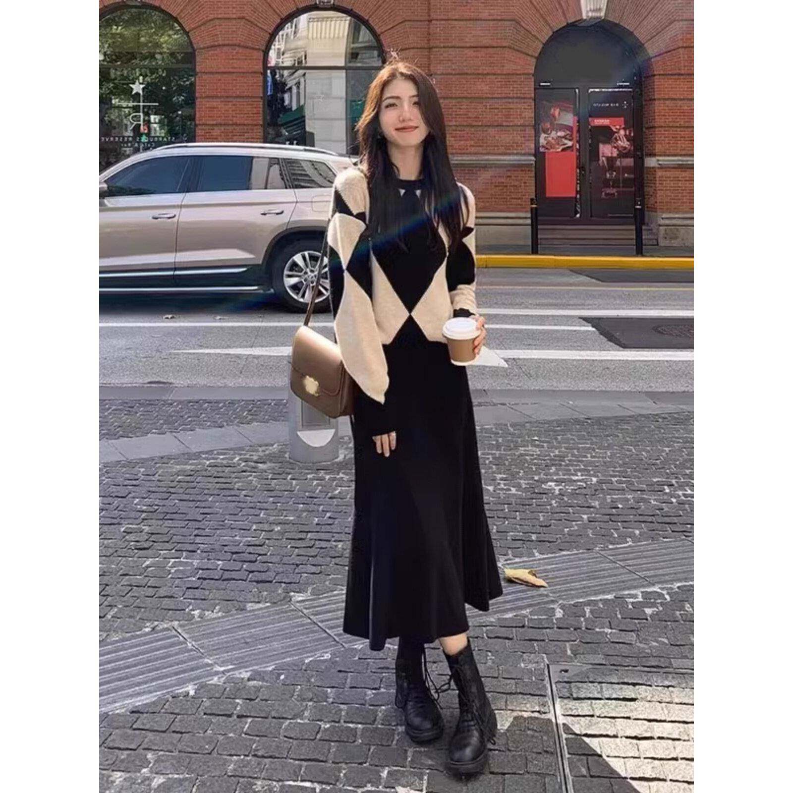 欧洲站秋季2024新款女装港味覆古chic裙子套装针织毛衣两件套气质