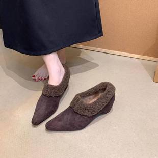 潮牌内增高玛丽珍毛毛鞋女2025新款冬季加绒保暖棉鞋尖头平底单鞋