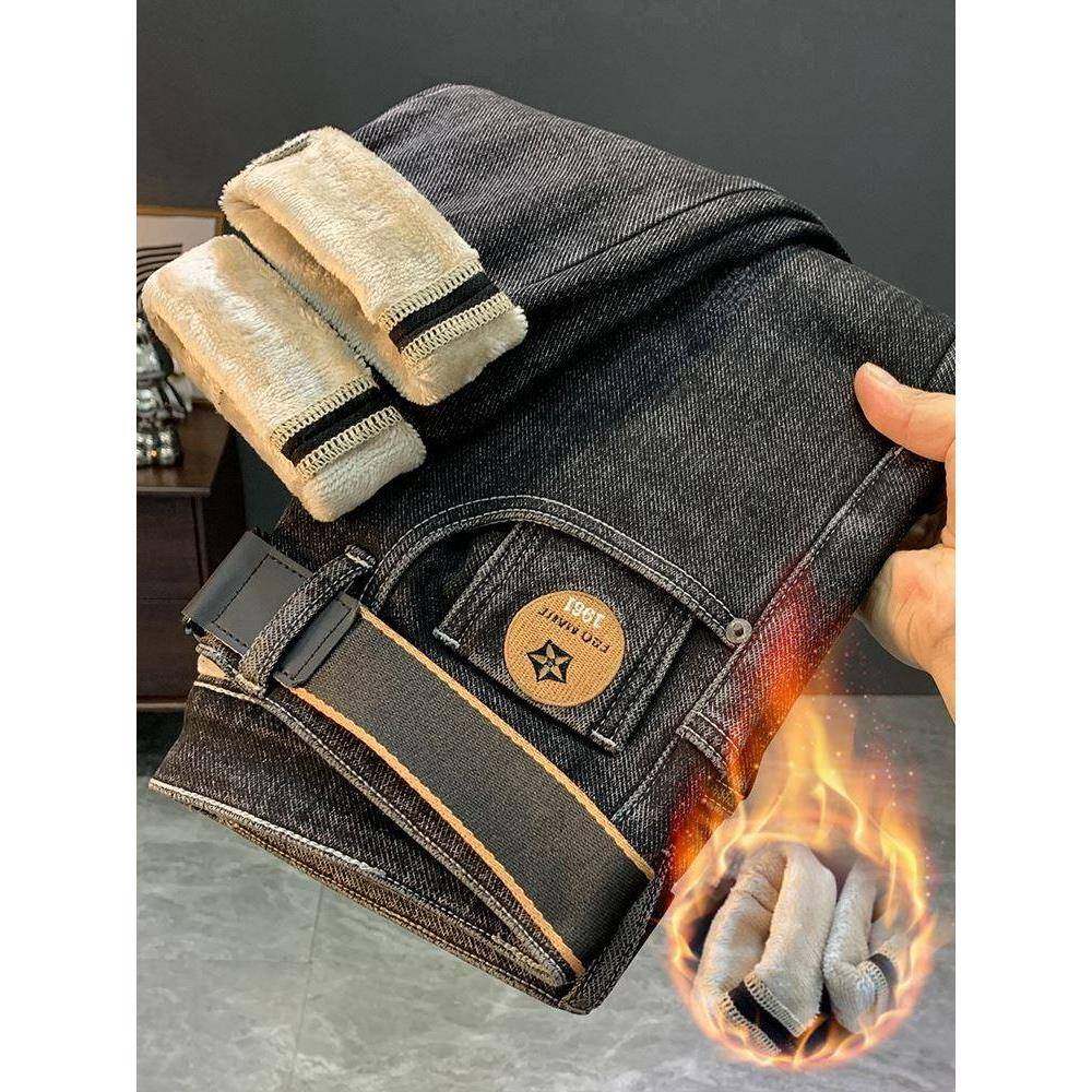 羊羔绒加绒加厚牛仔裤男冬季高端潮流微宽松直筒裤修身小脚长裤潮