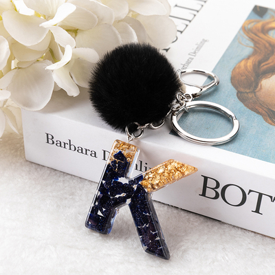 1Pc Black Pompom Letter Keychain English Alphabet Keyring  G