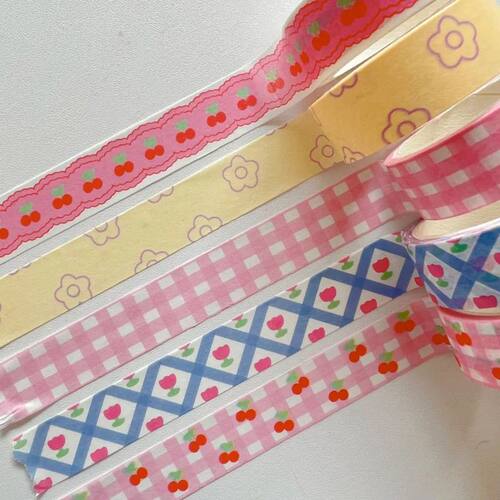 1Pcs Pink Grid Cherry Flower Washi Tape Decorative Adhesive