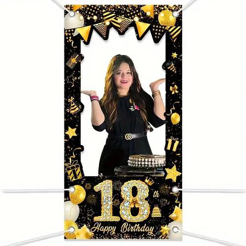 Gold Black Happy Birthday Photo Booth Frame Banner 18th 21st