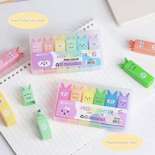 6pcs Cartoon Rabbit Color Highlighter Marker Pens Oblique Ti