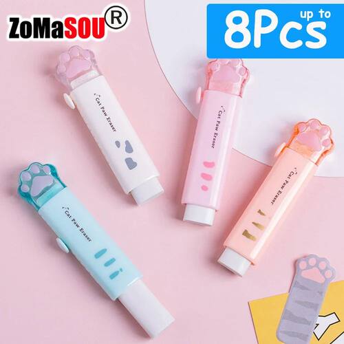 1-8Pcs New! Kawaii Cat Paw Rubber Erasers Retractable Pencil