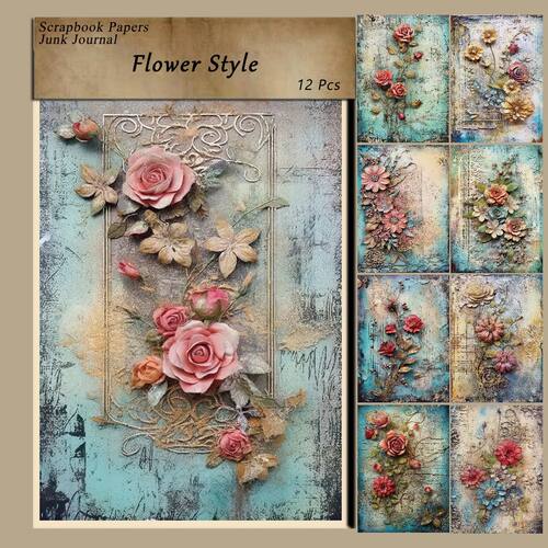 12 Sheets Vintage Flower Scrapbook Paper Retor Flower Theme