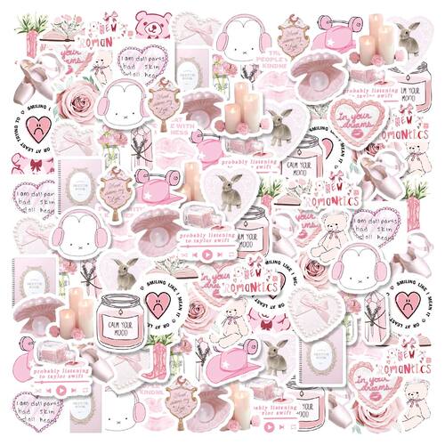 46pcs Bunny, Bear, Perfume Pink Graffiti Stickers Decorated