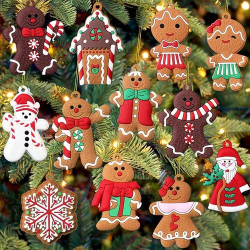 12Pcs Christmas Wooden Pendants Gingerbread Man Xmas Tree Ha