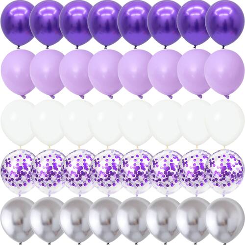 40PCS Silver White Purple Metal Latex Confetti Balloons Wedd