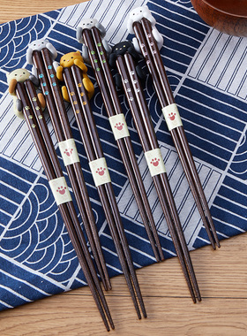 日本原装进口石田ishida筷子天然树漆猫咪木筷家用带硅胶猫咪筷架