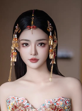 一诺新娘风汉服古装新娘发饰品金红色蜻蜓流苏眉心坠发夹高级边夹