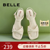 女夏季 新款 商场同款 百丽气质方头一字带凉鞋 真皮粗跟凉鞋 A9X1DBL4