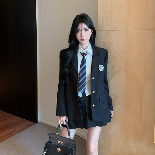 实拍实价 学院风jk制服套装气质三件套领带衬衫百褶裙西装外套女