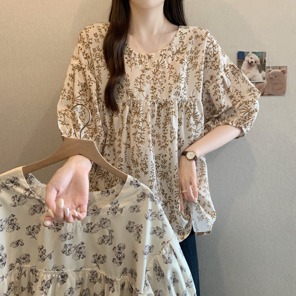 实拍夏装新款大码女装娃娃衫甜美法式蓬蓬灯笼碎花衬衫M-4XL200斤