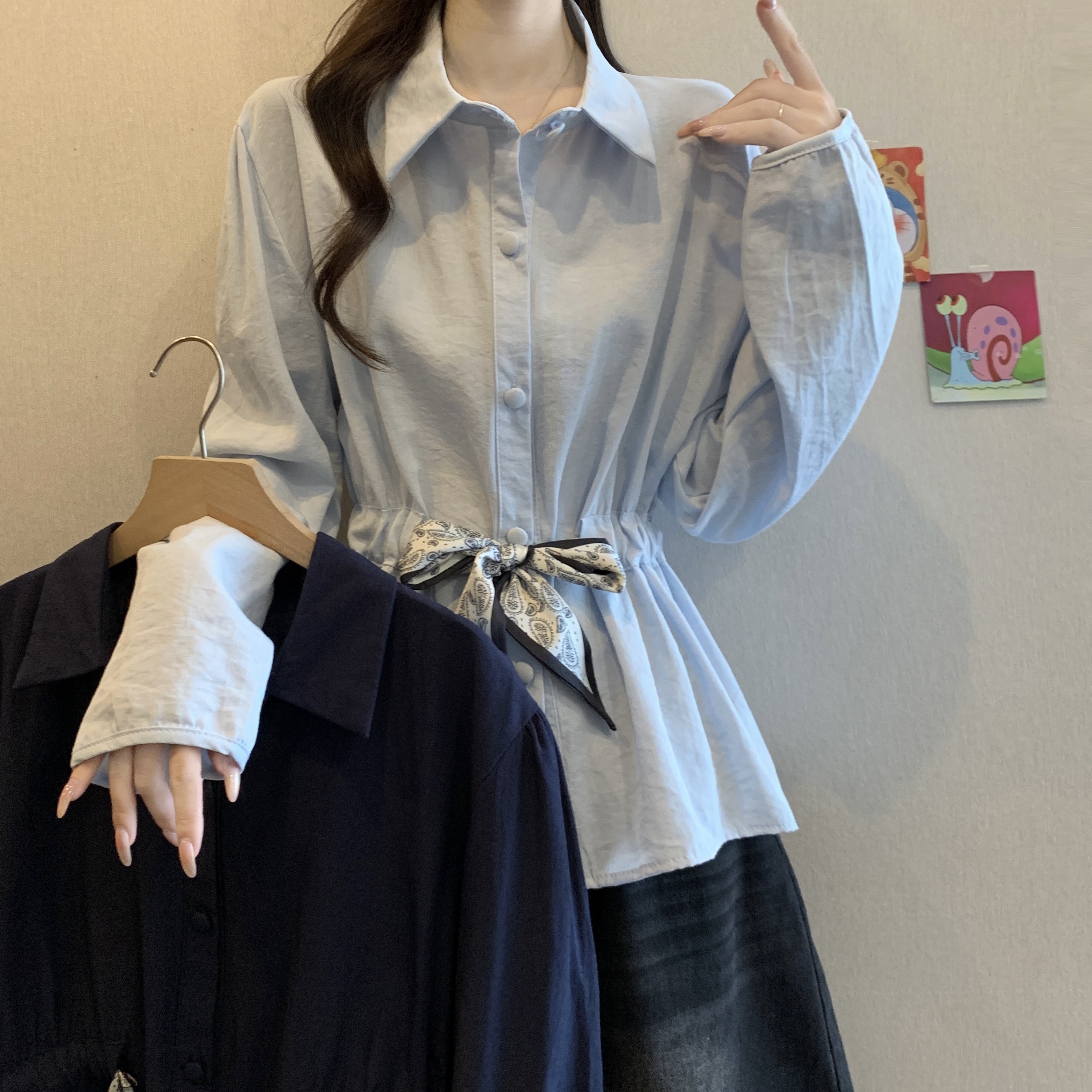 胖MM漂亮气质polo领系带衬衫女2025秋季新款大码收腰显瘦别致上衣