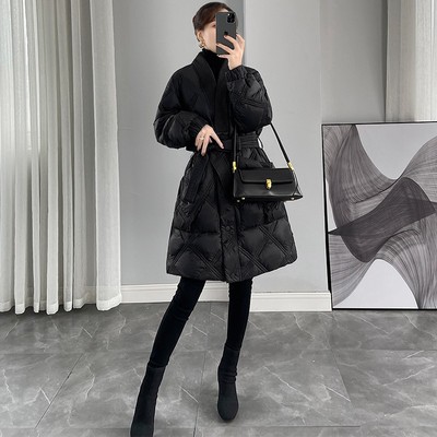 黑色系带羽绒棉服女冬季2025新款设计感收腰显瘦中长款棉衣外套