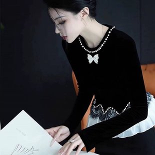 已出货小裙边圆领钉珠蝴蝶结设计感蕾丝拼接2025年冬季 上衣 新款