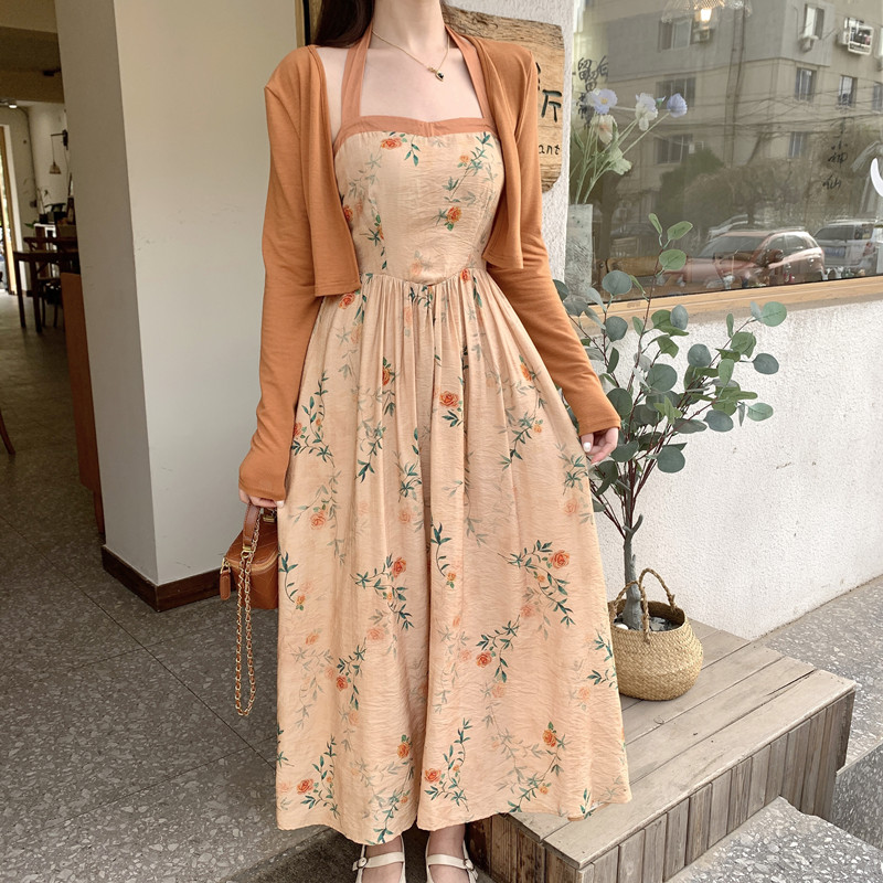 实拍~复古新中式大码女装碎花显瘦连衣裙围脖长裙开衫两件套装夏