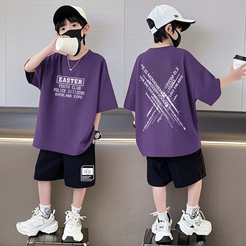 纯棉短袖短裤男童套装夏季宽松潮酷乌梅紫色两件套运动篮球球服潮