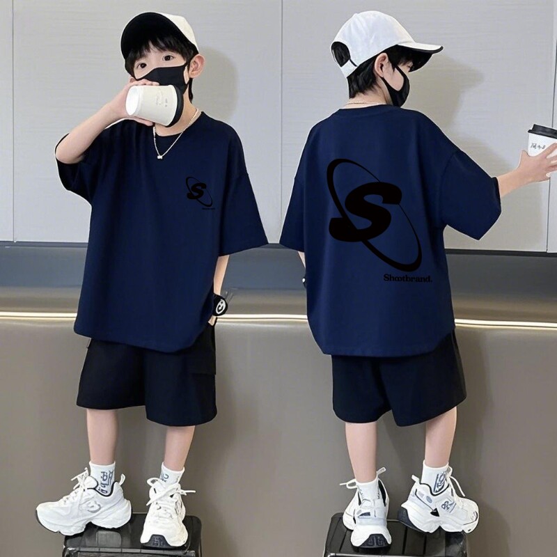 纯棉男童夏装短袖套装夏季装两件套外穿学生版宽松款短袖短裤套装