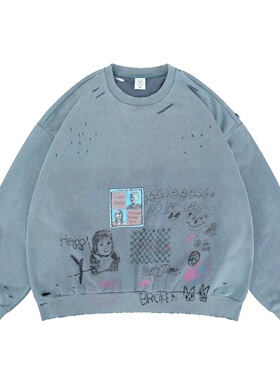 2025秋冬新款欧美潮牌波尔蓝复古印花磨破做旧圆领卫衣